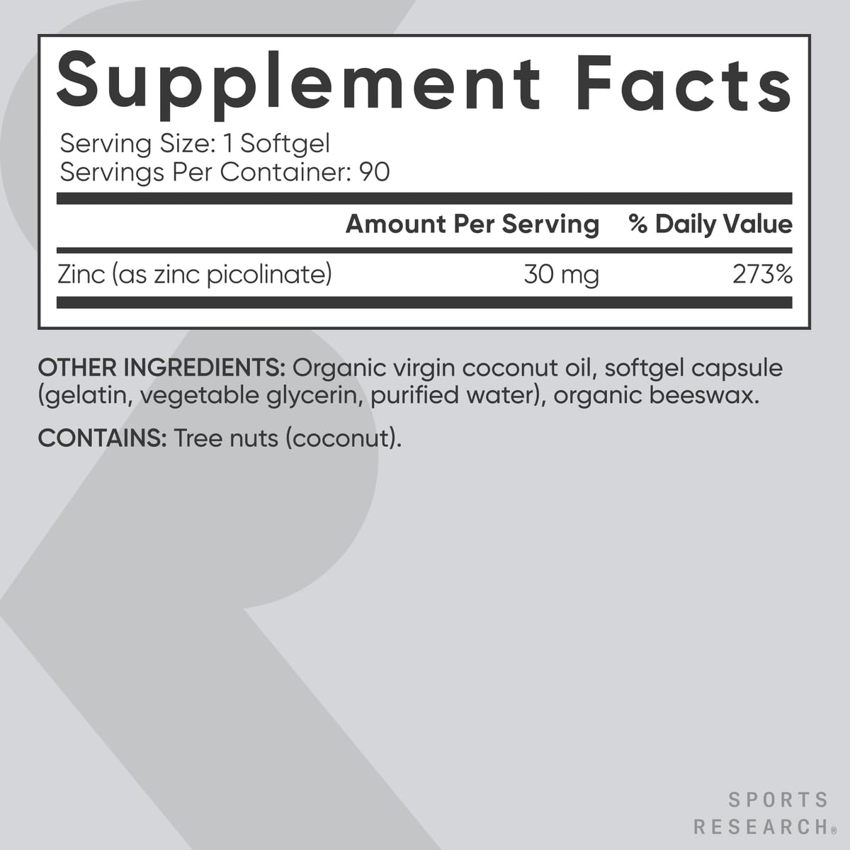 Sports Research Zinc Picolinate 50mg with Organic Coconut Oil | Highly Absorbable Zinc Supplement for Healthy Immune Function - Non-GMO Verified, Gluten & Soy Free (60 Liquid Softgels) - Nirvana Guru