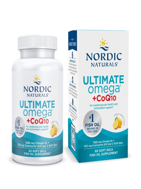 Nordic Naturals Ultimate Omega + CoQ10, Lemon - 120 Soft Gels - 1280 mg Omega-3 + 100 mg CoQ10 - Heart Health, Cellular Energy, Antioxidant Support - Non-GMO - 60 Servings - Nirvana Guru