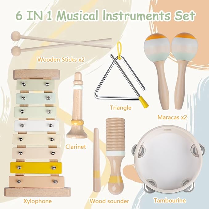 Baby Musical Instruments-Montessori Wooden Toys for Toddlers 1-3,Neutral Colors Percussion Instruments Set with Modern Boho Xylophone for Kids Preschool Educational 3+ nirvanaguru