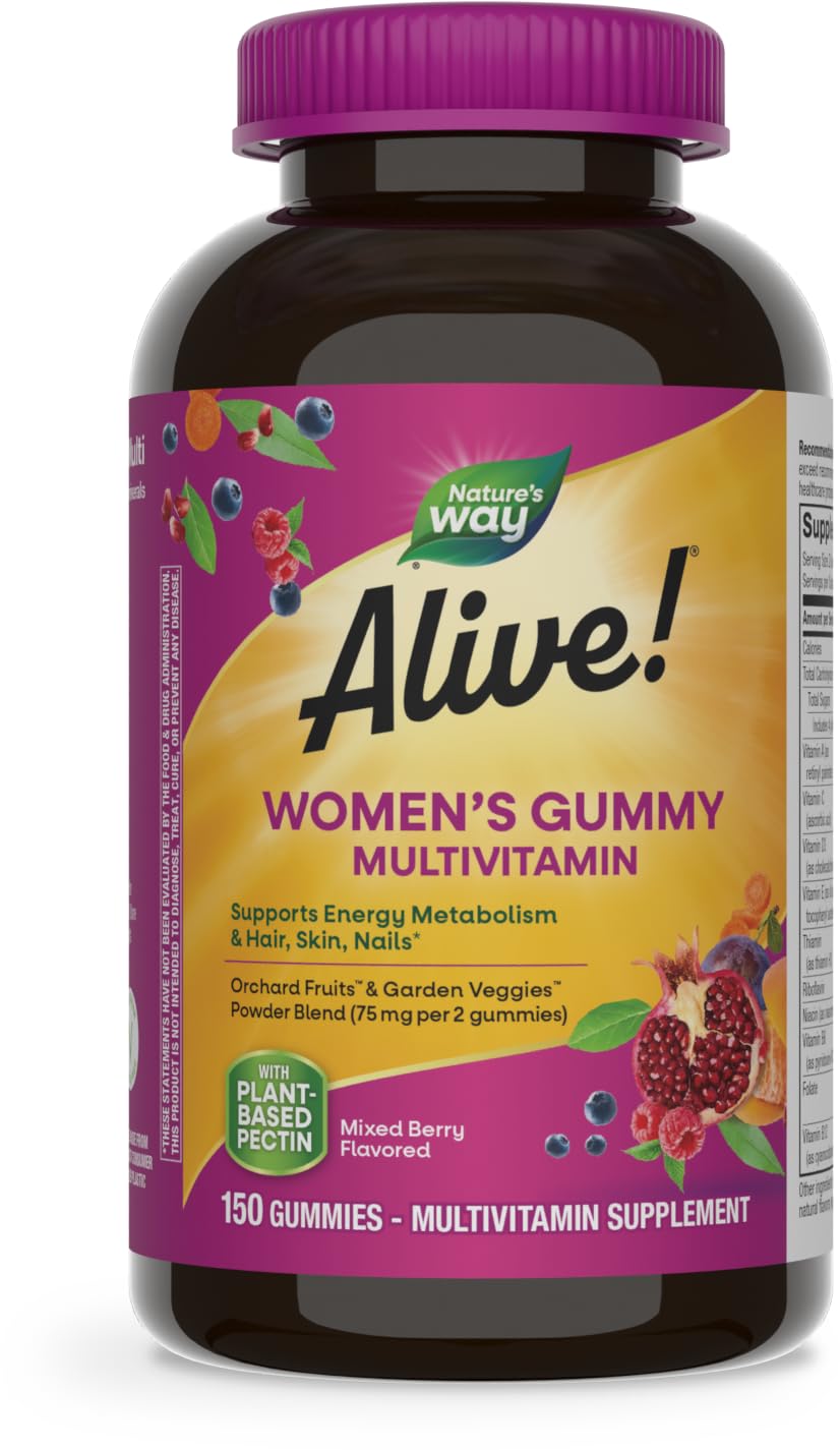 Nature's Way Alive! Women's Daily Gummy Multivitamins, 16 Vitamins & Minerals, Energy Metabolism*, Hair Skin & Nails*, Vegetarian, Mixed Berry Flavored, 150 Gummies (Packaging May Vary) - Nirvana Guru