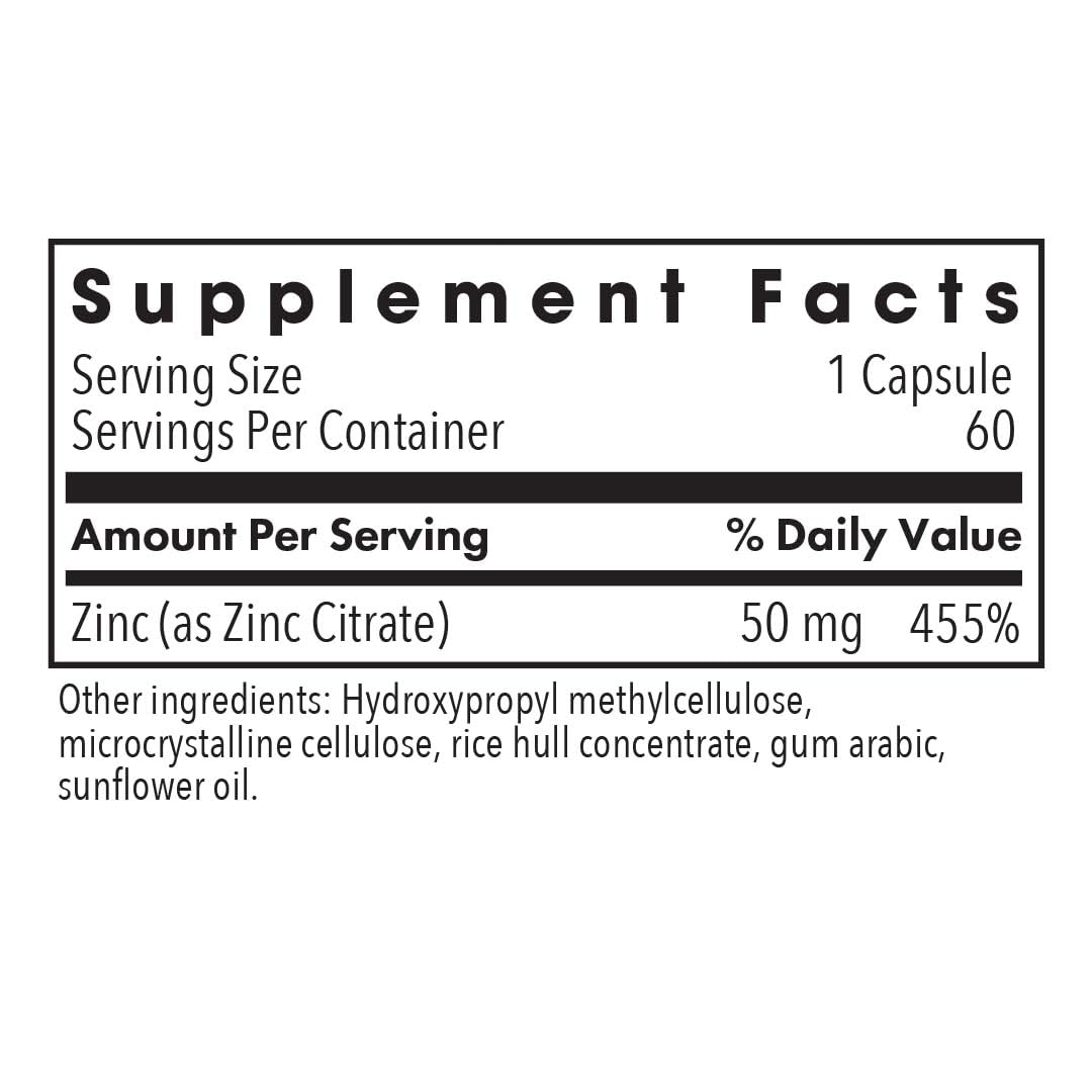 Allergy Research Group Zinc Citrate Supplement - Zinc for Men & Women, Immune Support, Pure, Well-Absorbed, Well-Tolerated, Trace Mineral, 50mg Vegetarian Capsules - 60 Count Nirvana Guru