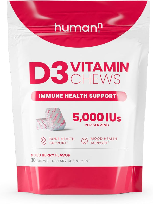 HumanN Vitamin D3 Chews - High Potency Vitamin D 5000iu (125mcg) Helps Support Healthy Mood, Immunity, Respiratory Health & Bone Health, Mixed Berry Flavor, 30-Count - Nirvana Guru
