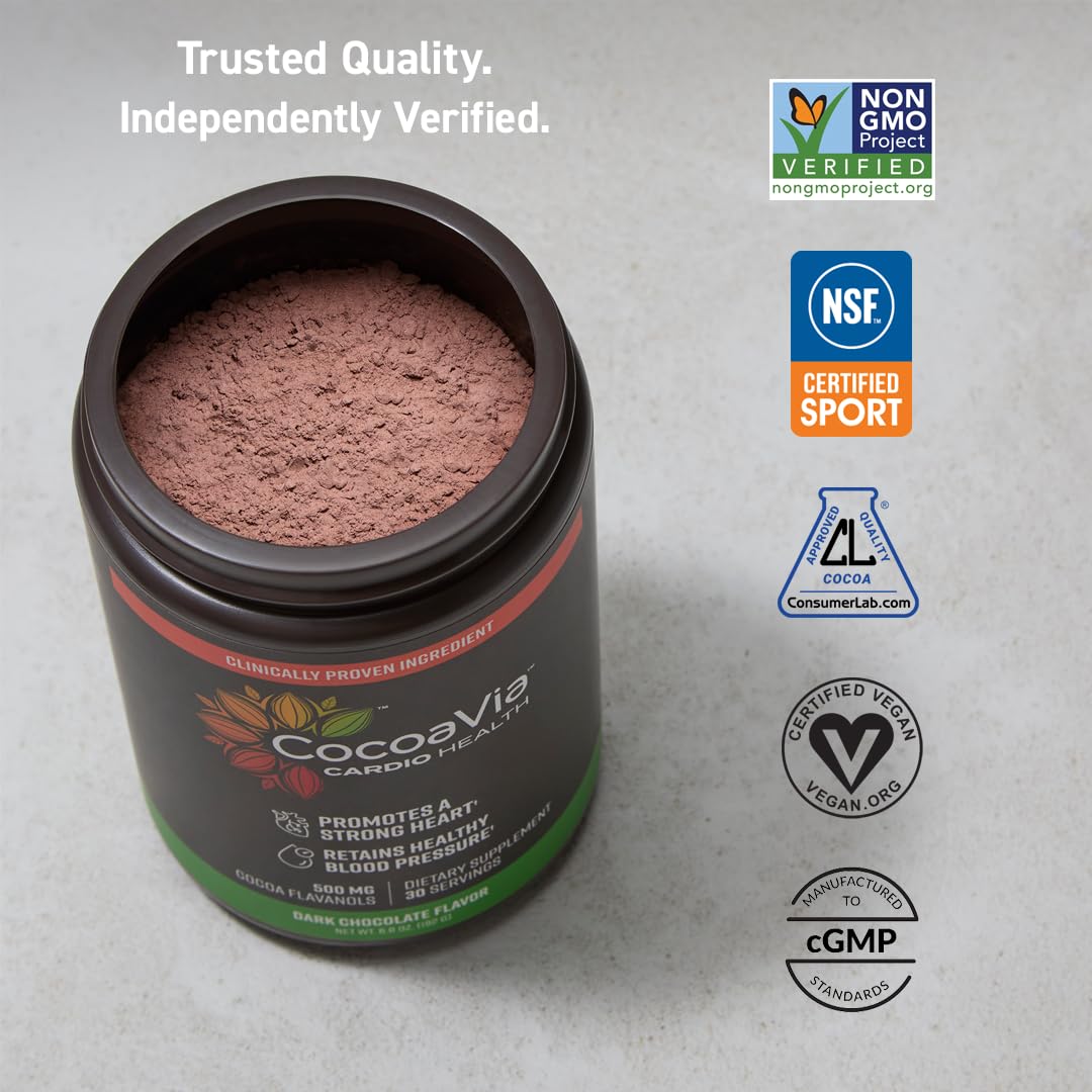 CocoaVia Cardio Health Cocoa Powder, 30 Servings, 500mg Cocoa Flavanols, Support Heart Health, Boost Nitric Oxide, Improve Circulation, Energy, Preworkout, Vegan, Dark Chocolate Cacao Nirvana Guru
