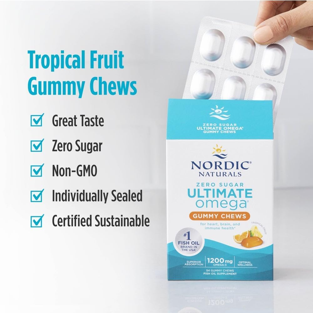 Nordic Naturals Zero Sugar Ultimate Omega Gummy Chews, Tropical Fruit, 54 Gummies, Supports Heart, Brain, and Immune Health, Non-GMO, Vegetarian, 27 Servings - Nirvana Guru