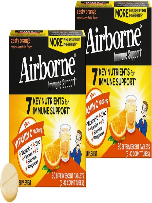 Airborne 1000mg Vitamin C + Zinc Sugar Free Multivitamin Immune Support Effervescent Fizzy Drink Tablets, Zesty Orange Flavor with Powerful Antioxidants Vitamins A C & E, 30 Tablets (2 Pack) Nirvana Guru