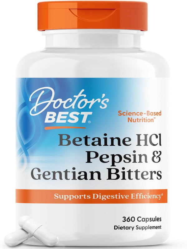 Doctor's Best Betaine HCI Pepsin & Gentian Bitters, Digestive Enzymes for Protein Breakdown & Absorption, Non-GMO, Gluten Free, 360 Count (Pack of 1) - Nirvana Guru