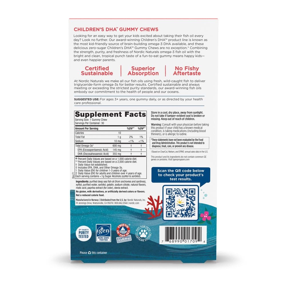 Nordic Naturals Zero Sugar Children’s DHA Gummy Chews, Tropical Punch - 30 Gummy Chews for Kids - 600 mg Total Omega-3s - Brain Development, Learning, Healthy Immunity - Non-GMO - 30 Servings - Nirvana Guru
