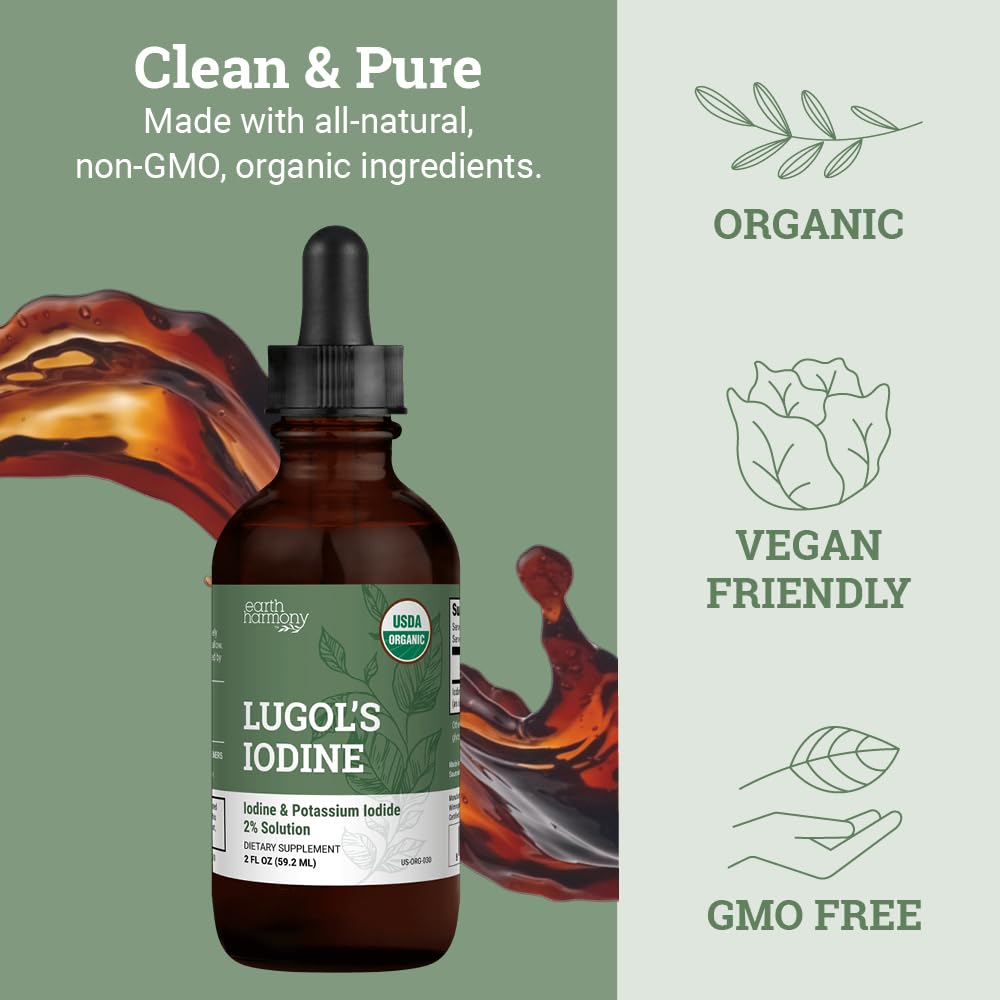 Organic Lugol's Iodine, Iodine and Potassium Iodide 2% Solution 3000 mcg - Liquid Supplement Drops for Thyroid Support for Women & Men, Metabolism Health, Detox Boost - Non-GMO, 395 Servings (2 Oz) Nirvana Guru