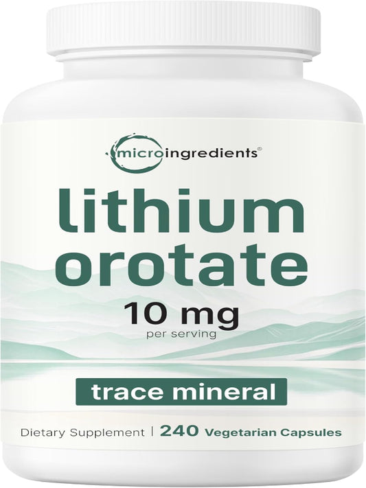 Lithium Orotate 10mg, 240 Veggie Capsules | Highly Bioavailable | Elemental | Double Strength | Essential Trace Mineral | Healthy Aging, Brain Supplement, & Mood Support | Non-GMO, Gluten Free - Nirvana Guru