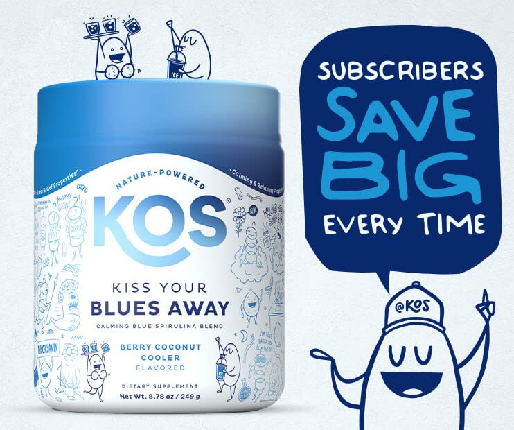 KOS Calming Blue Spirulina Blend- USDA Certified Organic - Algae Superfood Powder with Ashwagandha Root, Lemon Balm, Reishi Mushroom, B Vitamins - Berry Coconut Cooler Flavor, 28 Servings - Nirvana Guru