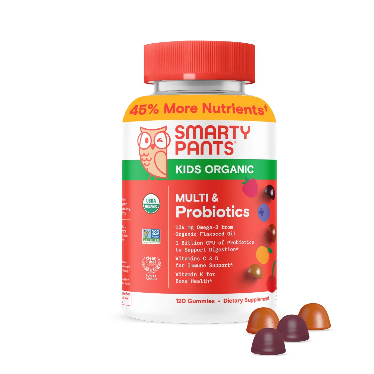 SmartyPants Organic Kids Multivitamin Gummies: Probiotics, Omega 3 (ALA), Vitamin D3, C, Vitamin B12, B6, A, K & Zinc for Immune Support, Biotin, Three Fruit Flavors, 120 Count (30 Day Supply) Nirvana Guru
