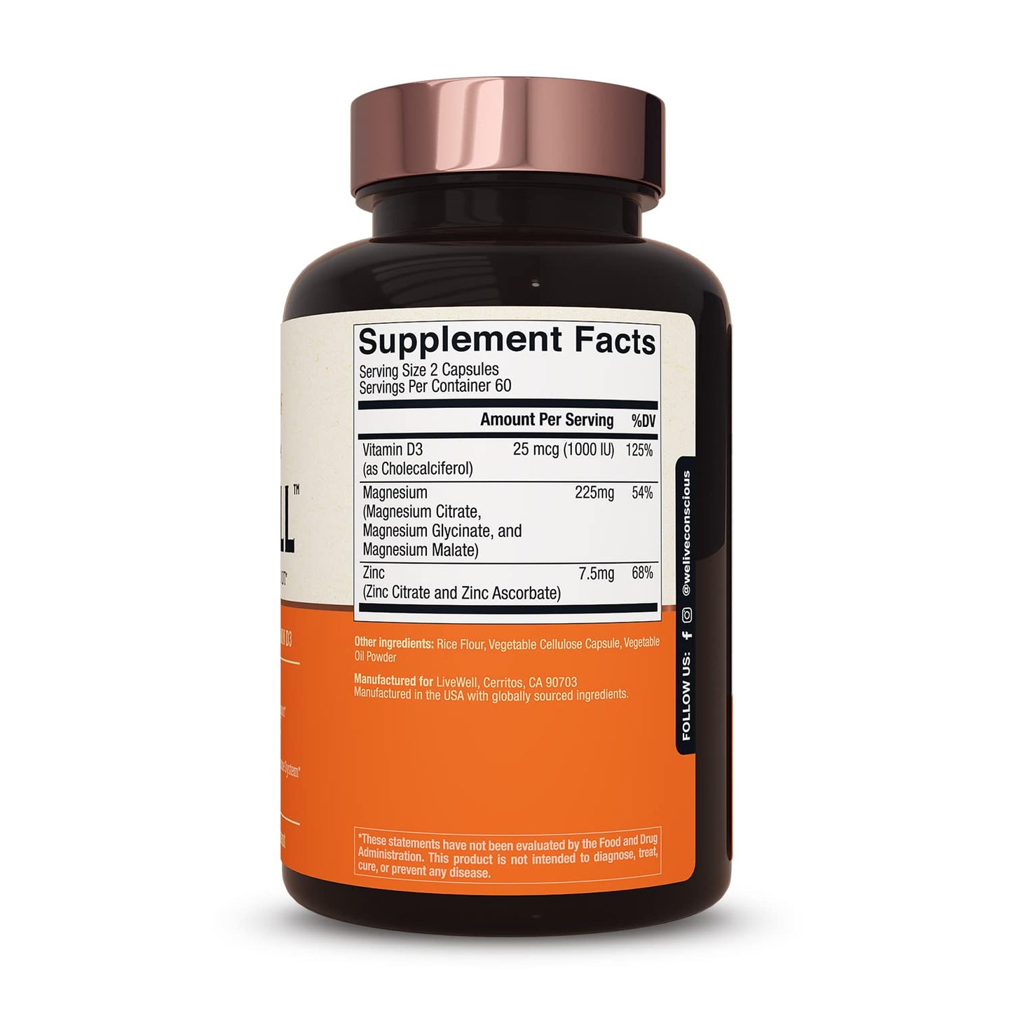 Live Conscious Magwell Magnesium Zinc & Vitamin D3 - Magnesium Glycinate, Malate, & Citrate - Triple Supplement for Women & Men - for Sleep, Bone, Heart, Immune Support - 120 Caps Nirvana Guru