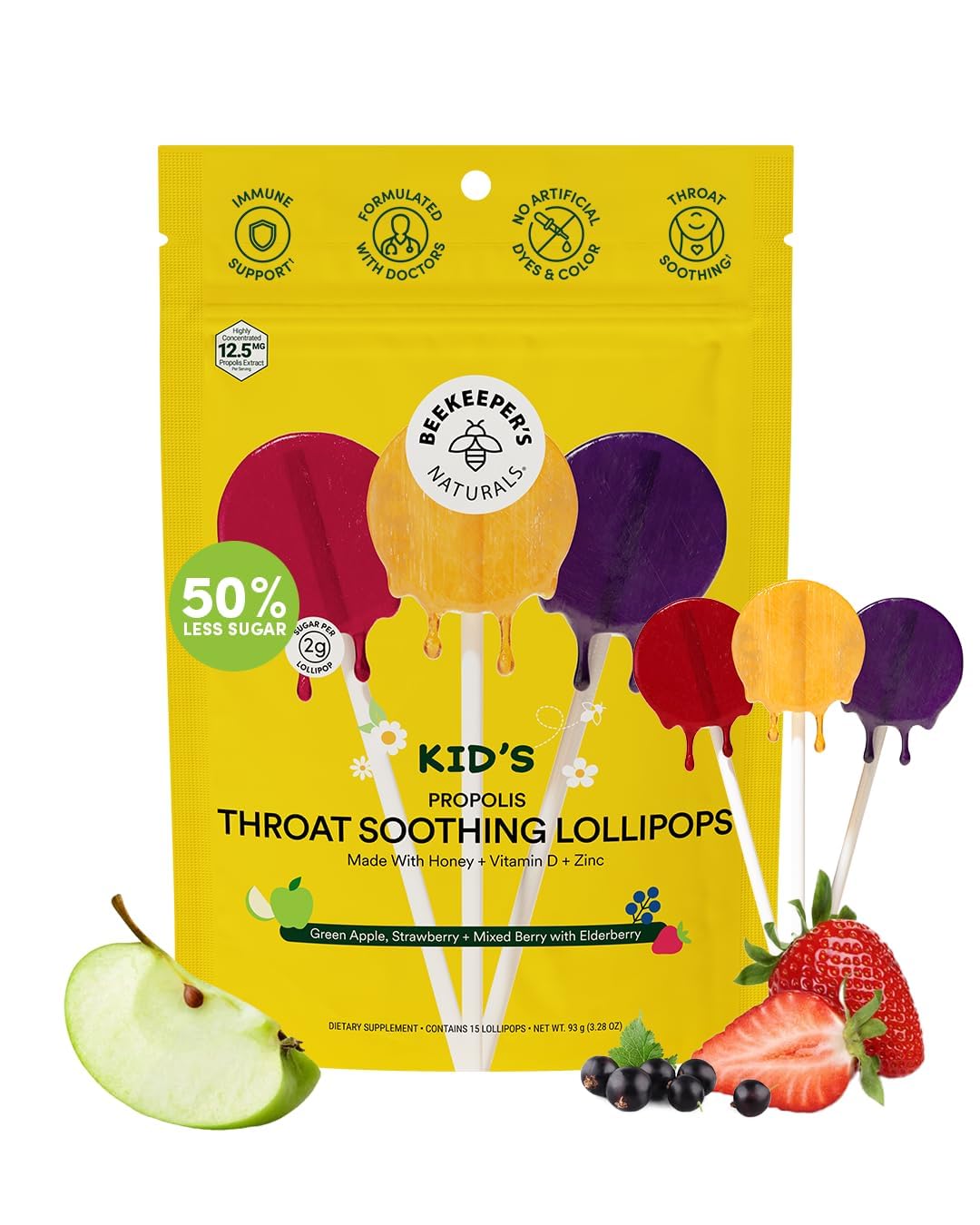 Kids Throat Soothing Lollipops by Beekeeper's Naturals - Doctor Formulated Immune Support, Vitamin D & Honey, Under 2g Sugar, Clean Ingredients,15 ct Nirvana Guru