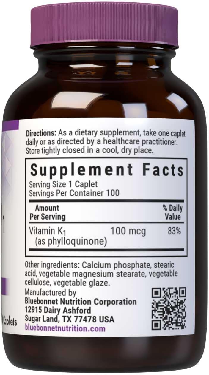 Bluebonnet Vitamin K1 100 mcg Supports Bone Health - Phylloquinone Crystalline Vitamin K Supplement - Non-GMO, Kosher Certified, Gluten-Free, Dairy-Free - 100 Vegan Caplets Nirvana Guru