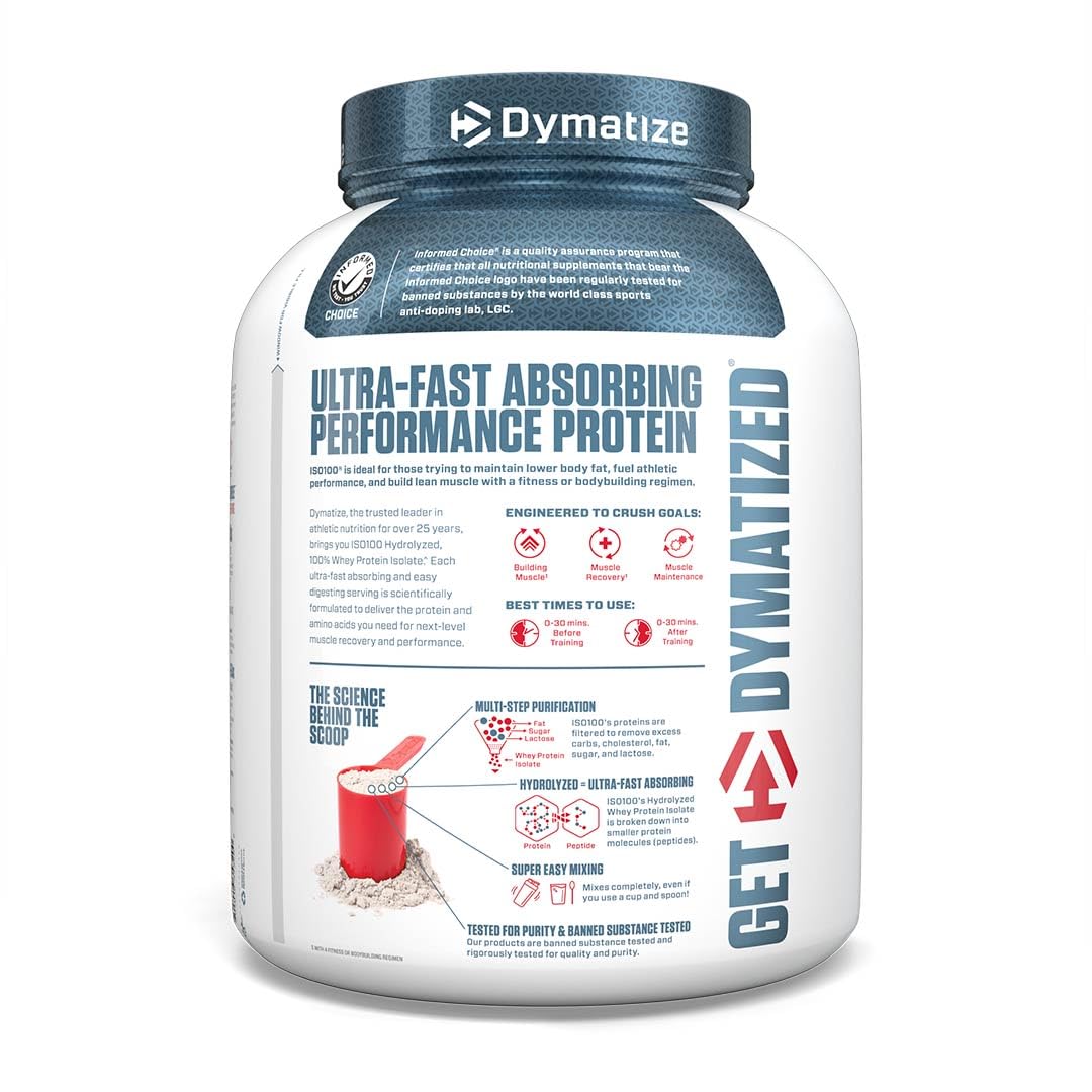 Dymatize ISO100 Whey Protein Powder Isolate, Gourmet Chocolate, 25g of Protein, 20 Servings, 5.5g BCAAs, Less Than 120 Cal., Gluten Free, 1g Fat, 1g Sugar, 2g Carb