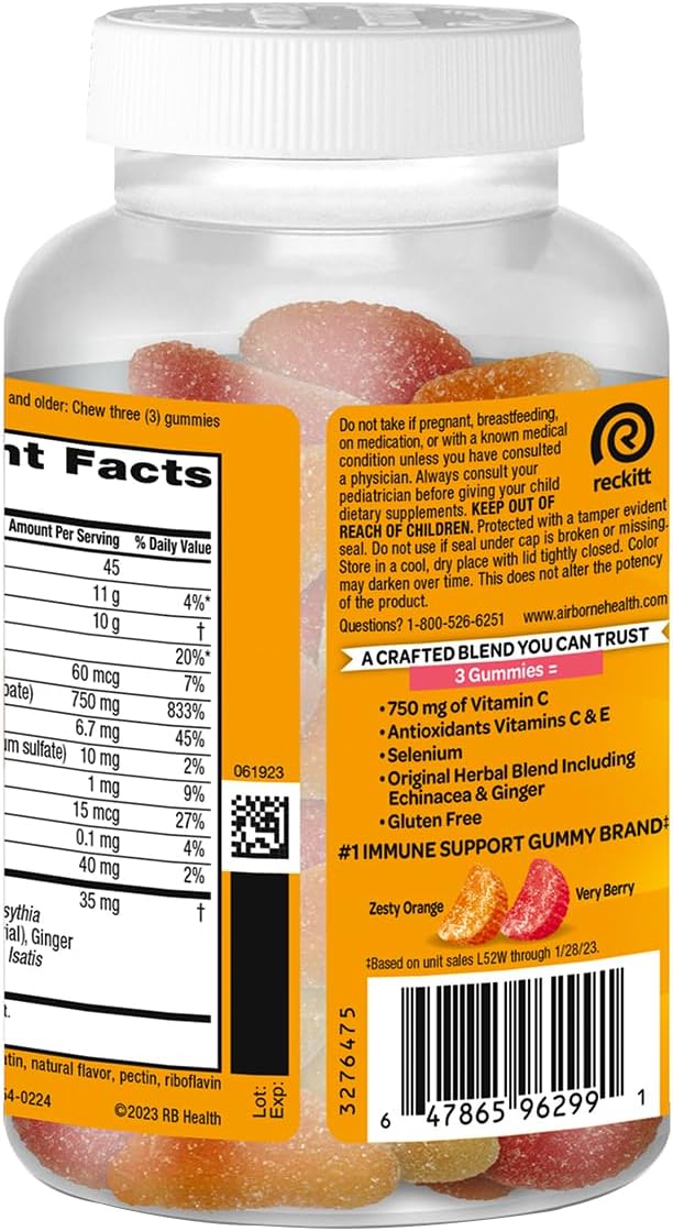 Airborne 750mg Vitamin C Immune Support Supplement Gummies for Adults, Assorted Fruit Flavor, Gluten Free Crafted Blend with Powerful Antioxidants Vitamins A C & E, 63 Gummies (3 Pack) Nirvana Guru