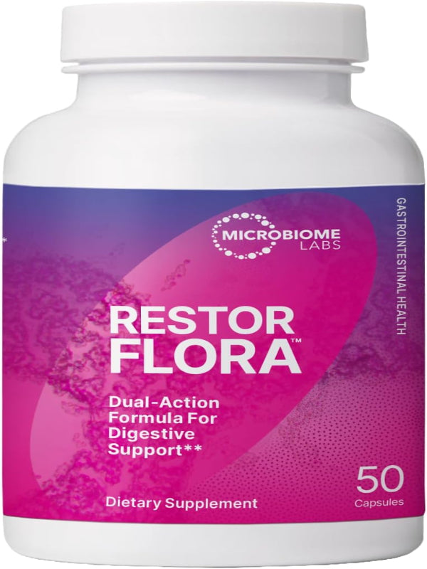 Microbiome Labs Restorflora Probiotics for Digestive Health - Gut Health Supplements with Dual Action Probiotics for Women, Men & Kids 5+ - Support Bowel Regularity & Immune Function (50 Capsules) - Nirvana Guru