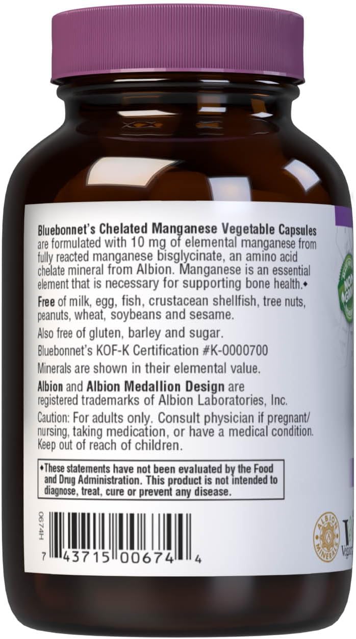 BlueBonnet Nutrition Albion Chelated Manganese, Amino Acid Chelate, Soy, Dairy & Gluten-Free, Non-GMO, Kosher Certified, Vegan, 90 Count - Nirvana Guru