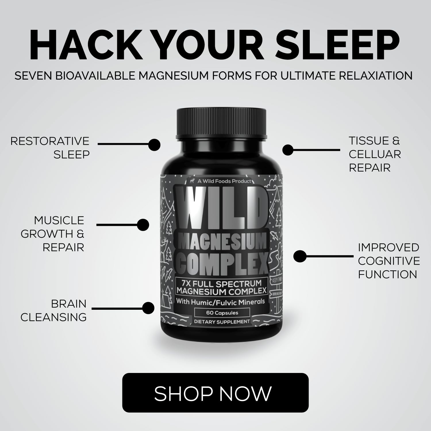 Wild Foods Magnesium Complex Supplement with 7X Forms, 90 Capsules | High Absorption, Full Spectrum, Easy Digestion | 500mg Glycinate, Bisglycinate, Malate, Orotate, Citrate, Taurate Nirvana Guru