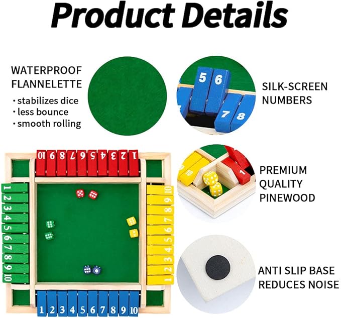Nicecho Shut The Box Dice Game,2-4 Player Family Wooden Board Table Math Games for Adults and Kids, 8 Dices Classics Tabletop Version Games for Classroom,Home,Party or Pub nirvanaguru