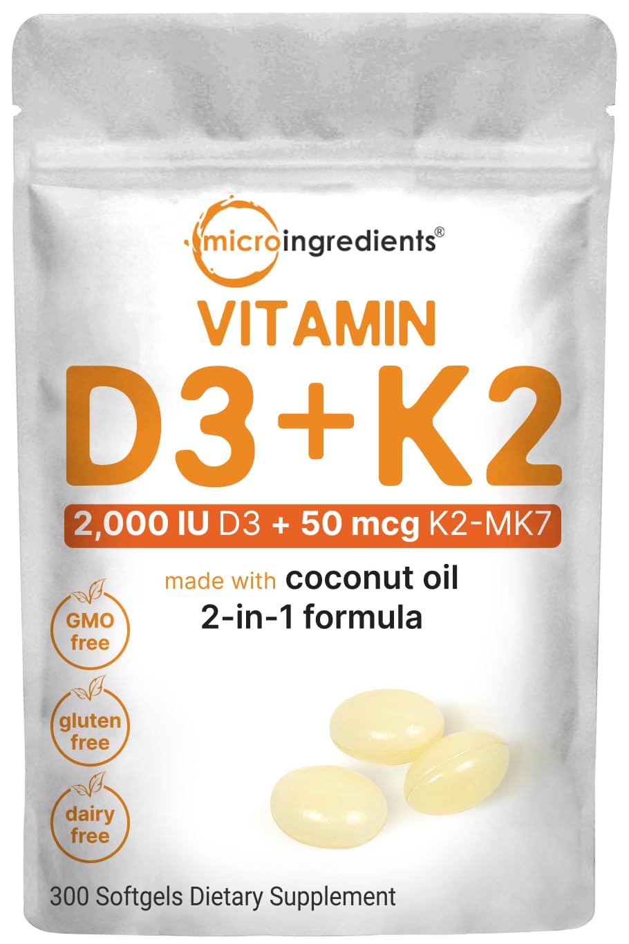 Micro Ingredients Vitamin D3 10,000 IU + K2 MK-7 200 mcg, 300 Softgels | Virgin Coconut Oil | 2-in-1 Bone, Immune & Heart Support | Easy to Swallow, Non-GMO