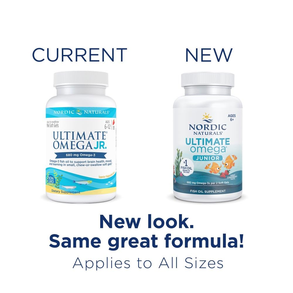Nordic Naturals Ultimate Omega Jr., Strawberry - 120 Mini Soft Gels - 680 Total Omega-3s with EPA & DHA - Brain Health, Mood, Learning - Non-GMO - 60 Servings - Nirvana Guru