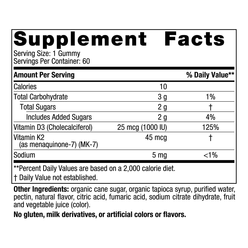 Nordic Naturals Vitamin D3 + K2 Gummies, Pomegranate - 60 Gummies - 1000 IU Vitamin D3 + 45 mcg K2 - Great Taste - Bone Health, Promotes Healthy Muscle Function - Non-GMO - 60 Servings - Nirvana Guru