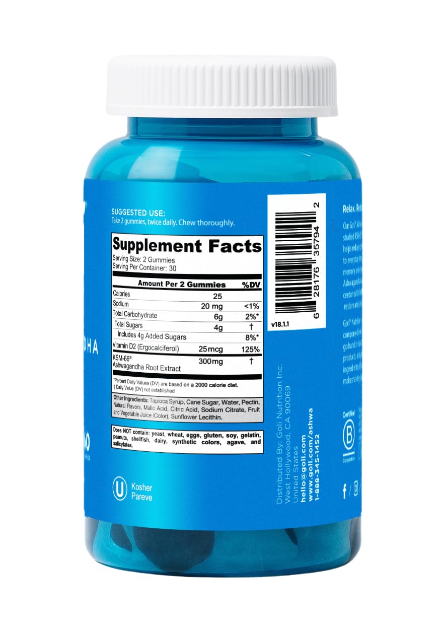 Goli Ashwagandha & Vitamin D Gummy - 60 Count - Mixed Berry, KSM-66, Vegan, Plant Based, Non-GMO, Gluten-Free & Gelatin Free Relax. Restore. Unwind, Pack of 1