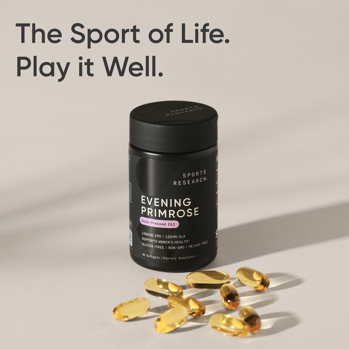 Sports Research Evening Primrose Oil (1300mg) Cold-Pressed with No fillers or Artificial Ingredients, Non-GMO Tested - Gluten and Soy Free (120 Liquid Softgels) - Nirvana Guru