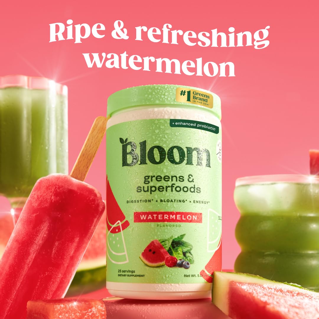 Bloom Nutrition Greens and Superfoods Powder for Digestive Health, Greens Powder, Digestive Enzymes, Probiotics, Spirulina, Chlorella for Bloating & Gut Support, Green Juice, 30 SVG, Strawberry Kiwi