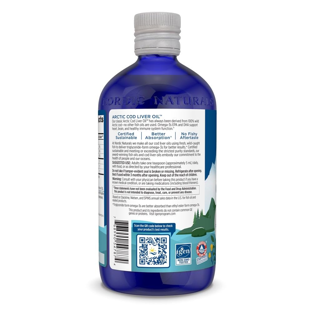 Nordic Naturals Arctic Cod Liver Oil, Orange - 16 oz - 1060 mg Total Omega-3s with EPA & DHA - Heart & Brain Health, Healthy Immunity, Overall Wellness - Non-GMO - 96 Servings - Nirvana Guru