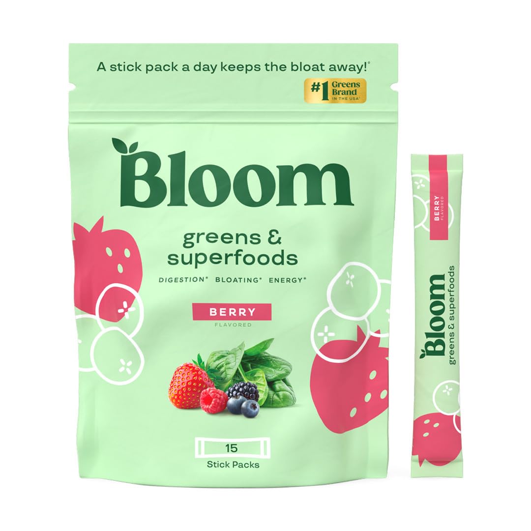 Bloom Nutrition Greens and Superfoods Powder for Digestive Health, Greens Powder, Digestive Enzymes, Probiotics, Spirulina, Chlorella for Bloating & Gut Support, Green Juice, 30 SVG, Strawberry Kiwi