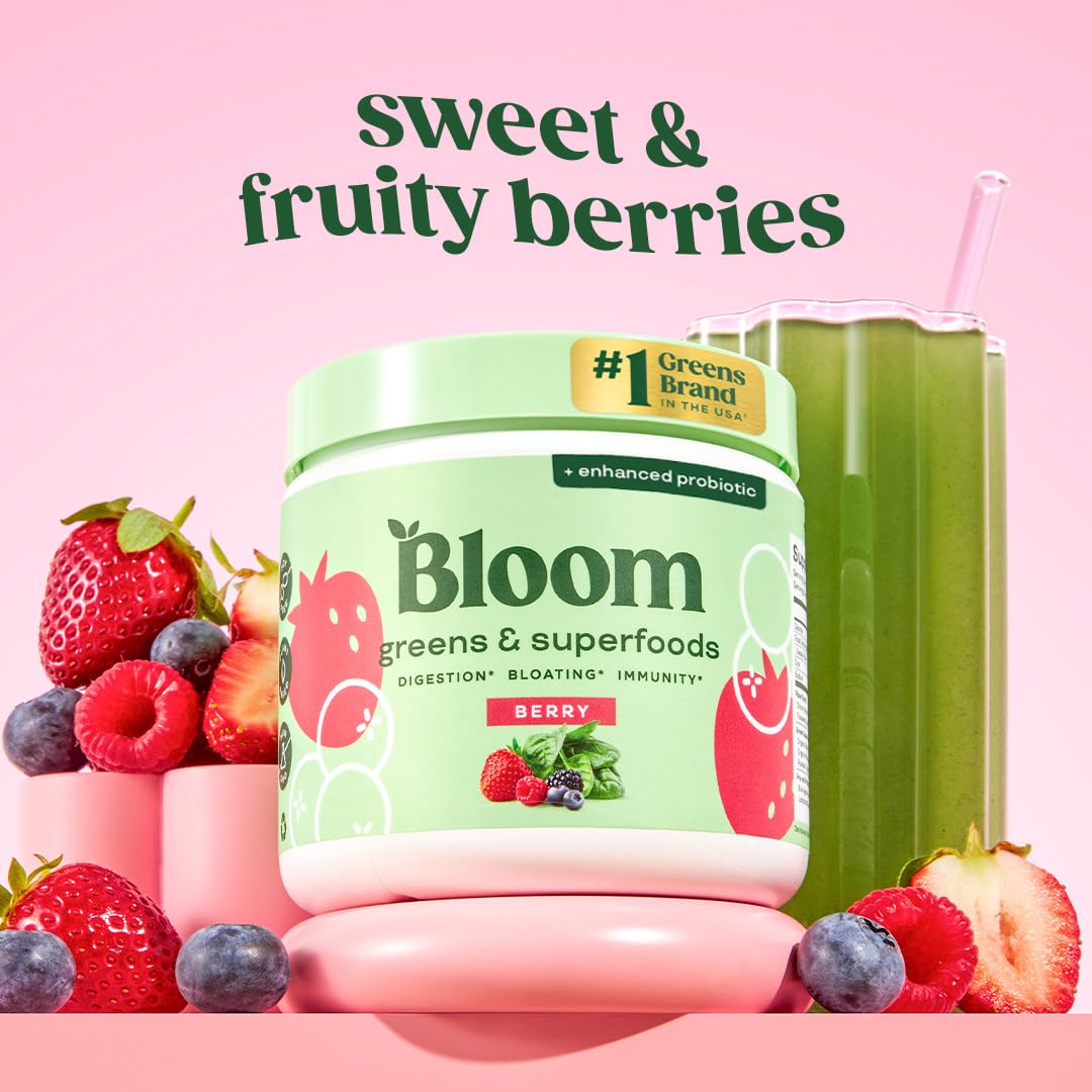 Bloom Nutrition Greens and Superfoods Powder for Digestive Health, Greens Powder, Digestive Enzymes, Probiotics, Spirulina, Chlorella for Bloating & Gut Support, Green Juice, 30 SVG, Strawberry Kiwi