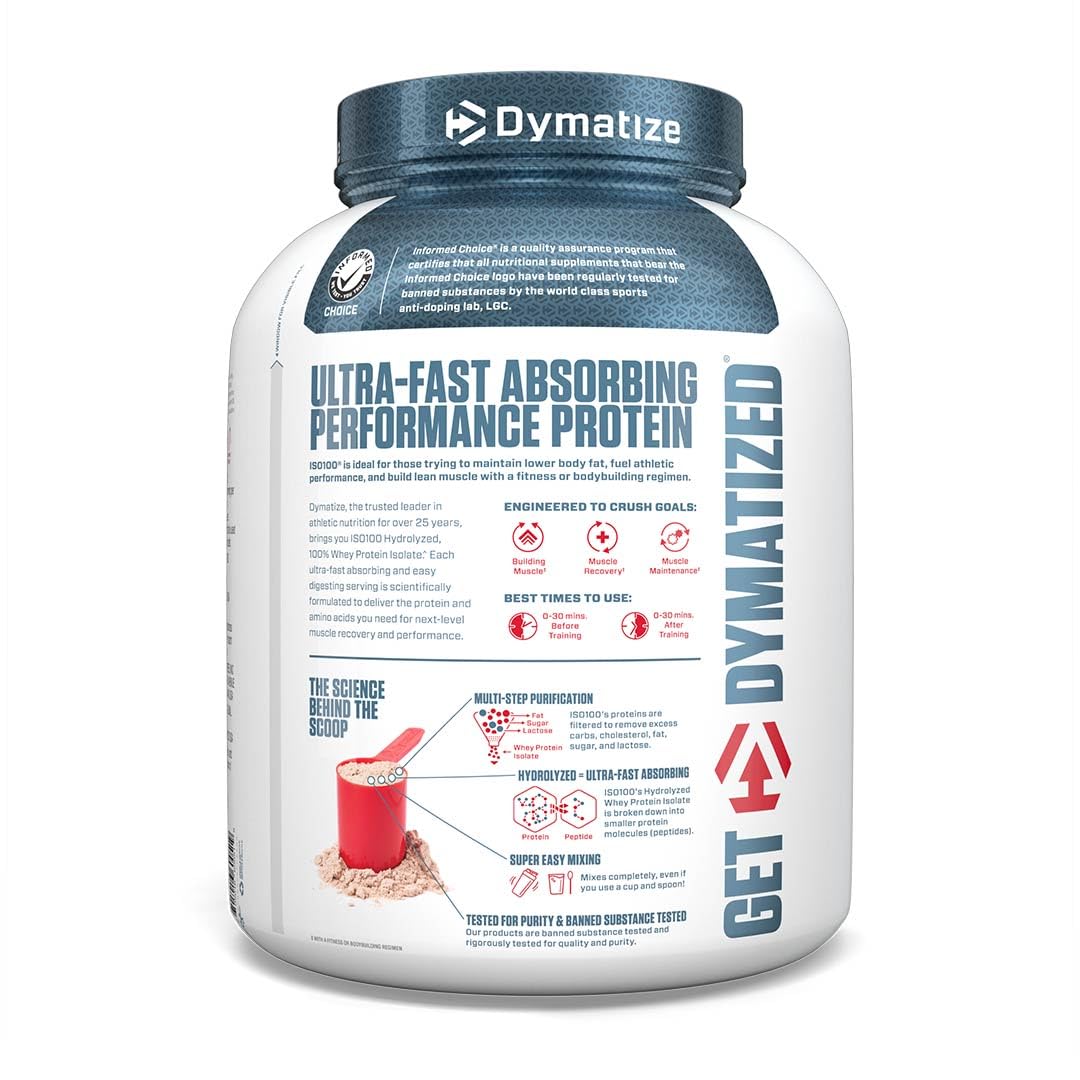 Dymatize ISO100 Whey Protein Powder Isolate, Gourmet Chocolate, 25g of Protein, 20 Servings, 5.5g BCAAs, Less Than 120 Cal., Gluten Free, 1g Fat, 1g Sugar, 2g Carb