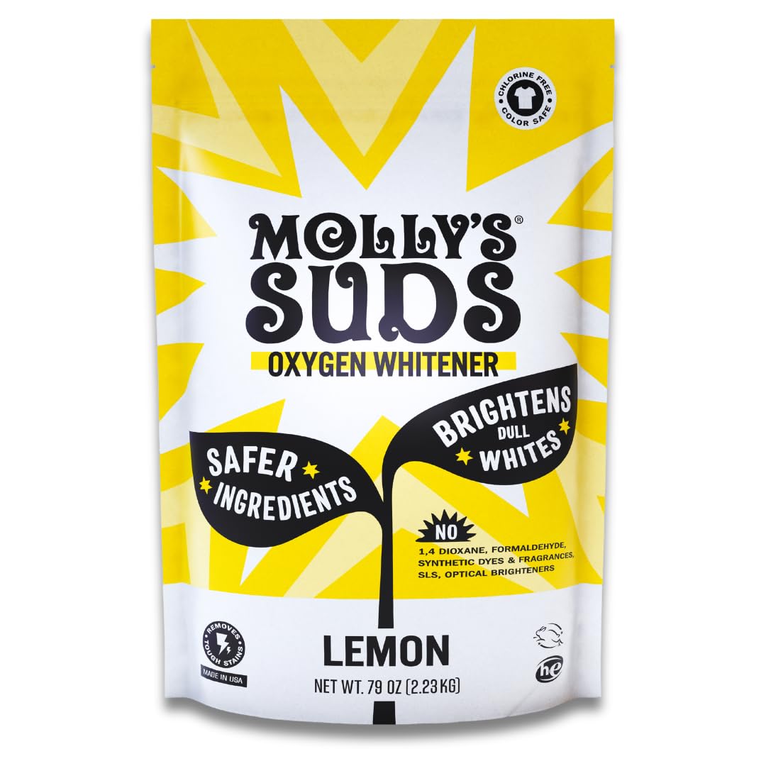 Molly's Suds Oxygen Whitener | Powerful Bleach Alternative, Chlorine Free & Color Safe | Brightens Whites and Removes Stains (Lemon Essential Oil - 41.09 oz) Nirvana Guru