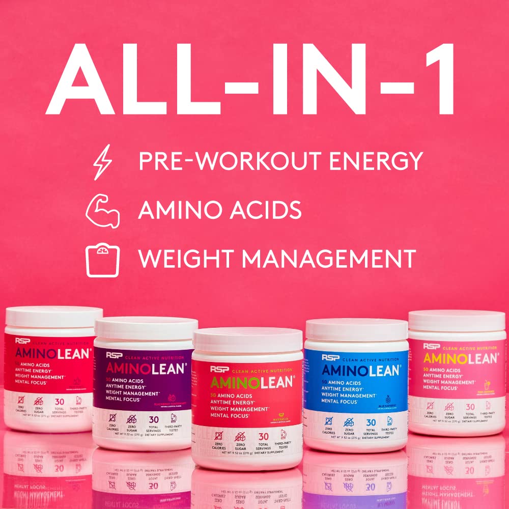 RSP NUTRITION AminoLean Pre Workout Powder, Amino Energy & Weight Management with Vegan BCAA Amino Acids, Natural Caffeine, Preworkout Boost for Men & Women, 30 Serv, Pink Lemonade… Nirvana Guru