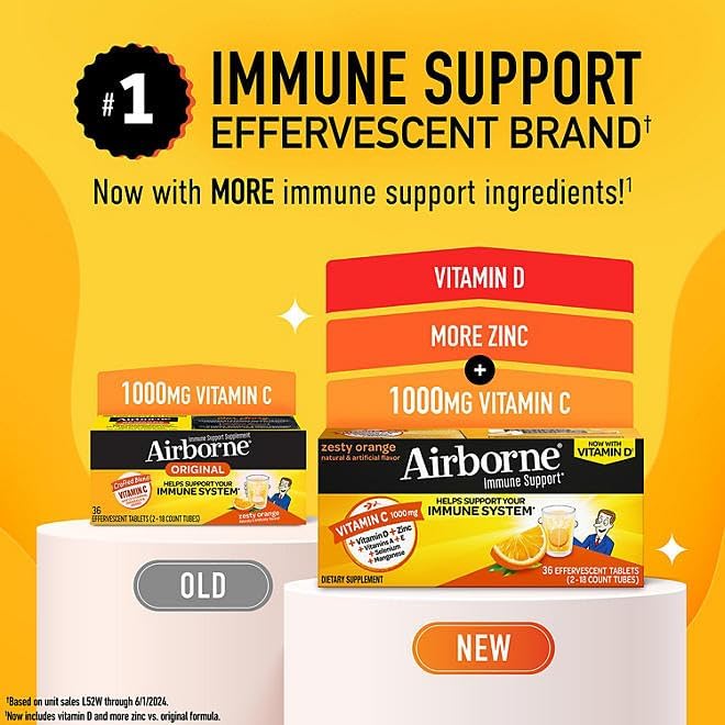 Generic Immune Support Vitamin c chewable Tablets Tablets - Boost Your Health with Airborne effervescent Tablets Zesty Orange Very Berry 36CT Each Combo 2PK Nirvana Guru