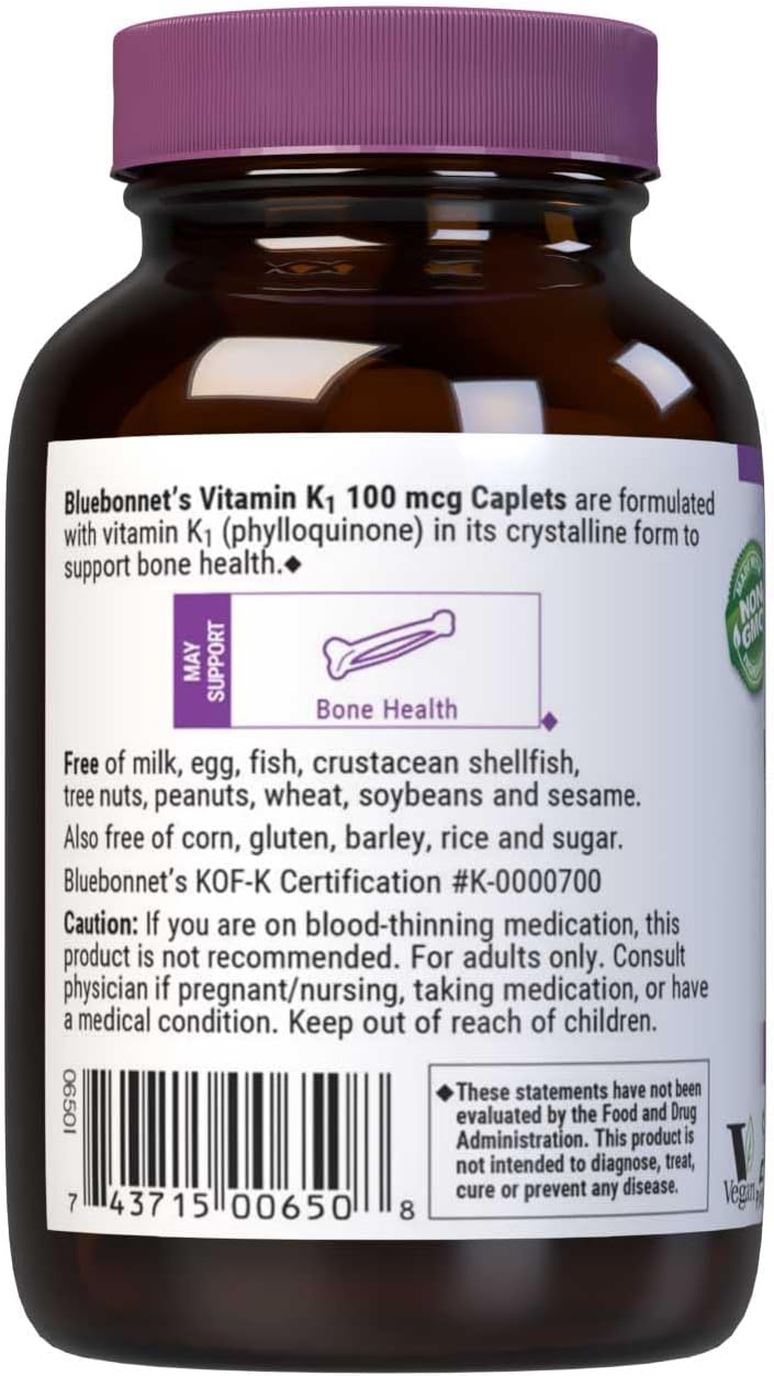 Bluebonnet Vitamin K1 100 mcg Supports Bone Health - Phylloquinone Crystalline Vitamin K Supplement - Non-GMO, Kosher Certified, Gluten-Free, Dairy-Free - 100 Vegan Caplets Nirvana Guru