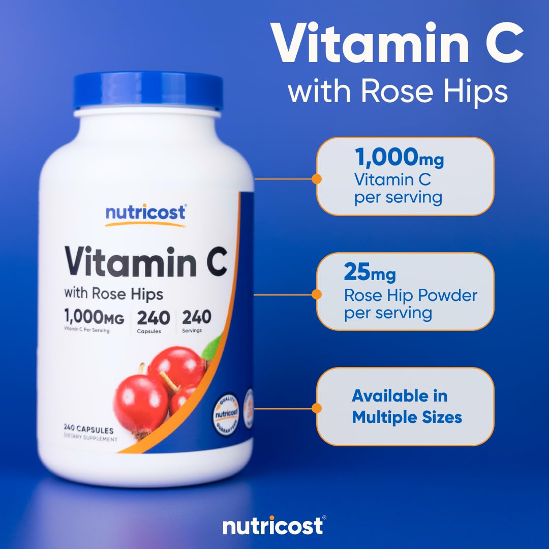 Nutricost Vitamin C with Rose HIPS 1025mg, 240 Capsules - Vitamin C 1,000mg, Rose HIPS 25mg, Premium, Non-GMO, Gluten Free Supplement Nirvana Guru