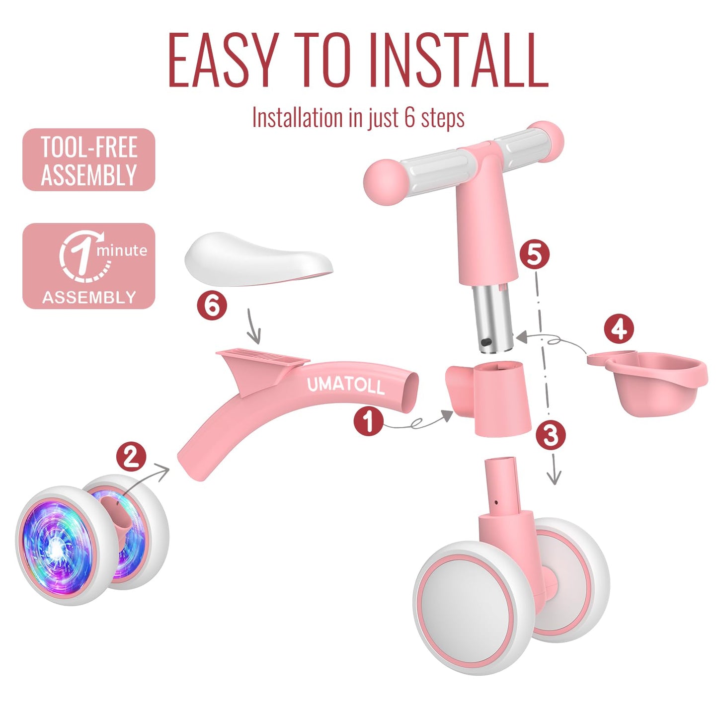 Umatoll Colorful Lighting Baby Balance Bike Toys for 1 Year Old Girls Gifts, Adjustable Seat, 1st Birthday Gifts, 12-24 Months Toddler Bike, Pink Nirvana Guru