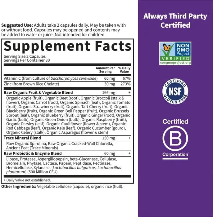 Garden of Life Zinc Supplements 30mg High Potency Raw Zinc and Vitamin C Multimineral Supplement, Vitamin Code Vitamins Trace Minerals & Probiotics for Skin Health & Immune Support, 60 Vegan Capsules - Nirvana Guru