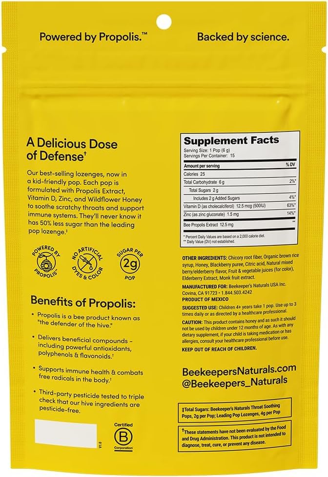 Kids Throat Soothing Lollipops by Beekeeper's Naturals - Doctor Formulated Immune Support, Vitamin D & Honey, Under 2g Sugar, Clean Ingredients,15 ct Nirvana Guru