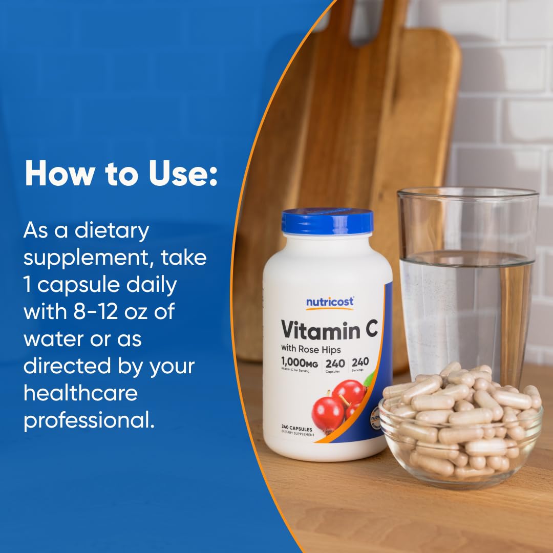 Nutricost Vitamin C with Rose HIPS 1025mg, 240 Capsules - Vitamin C 1,000mg, Rose HIPS 25mg, Premium, Non-GMO, Gluten Free Supplement Nirvana Guru