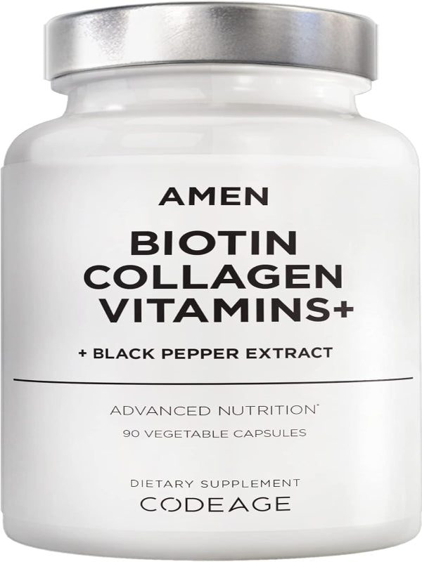 Amen Biotin Collagen Vitamins+ 10,000 mcg Biotin Supplement - Hydrolyzed Collagen, Vitamins C & E, Folate, Hyaluronic Acid, Keratin, MSM, Saw Palmetto - 3-Month Supply - Non-GMO - 90 Capsules Nirvana Guru