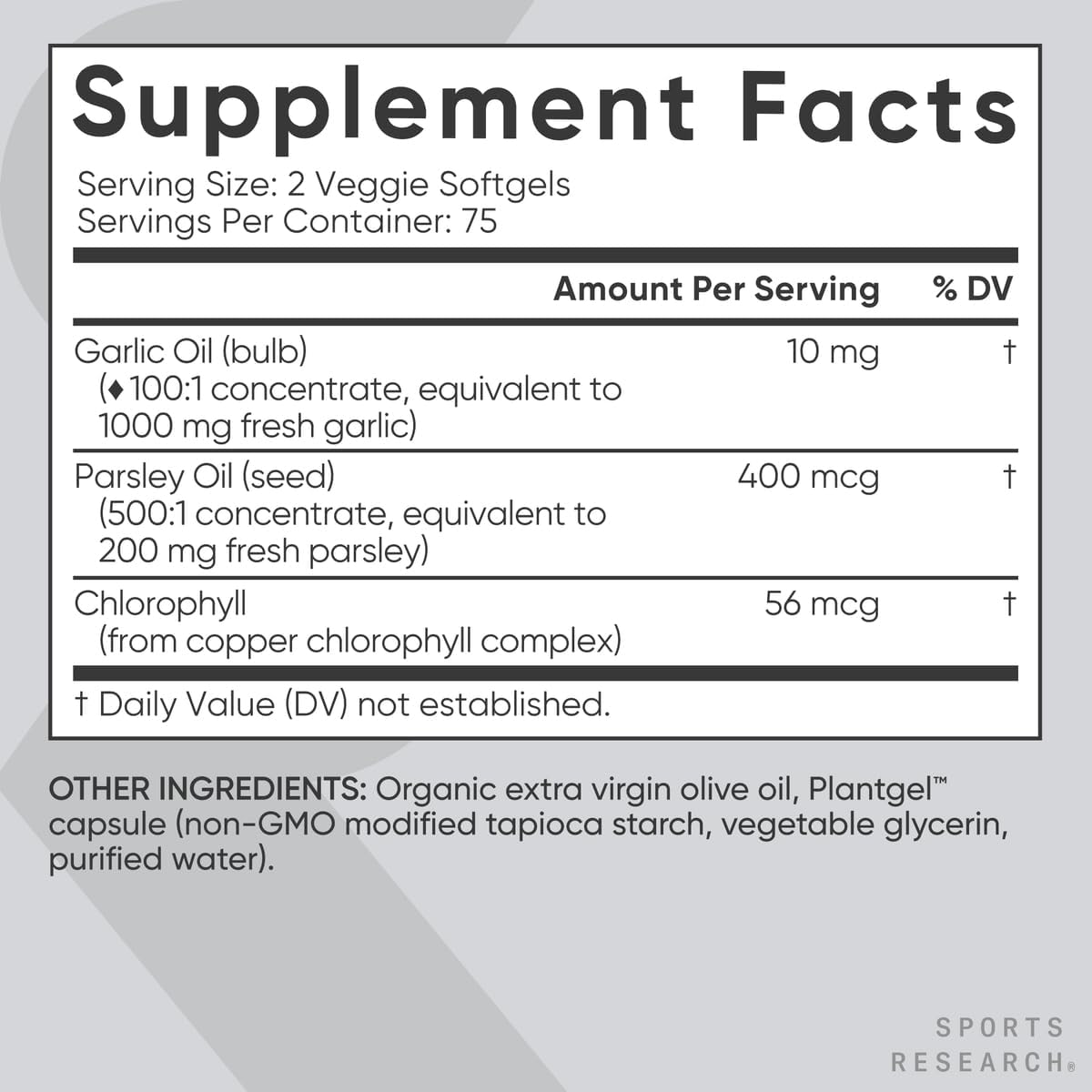 Sports Research Odorless Garlic Oil Pills (1000mg) with Parsley & Chlorophyll | Non-GMO Verified, Vegan Certified & Gluten Free (150 Plant Gels) - Nirvana Guru