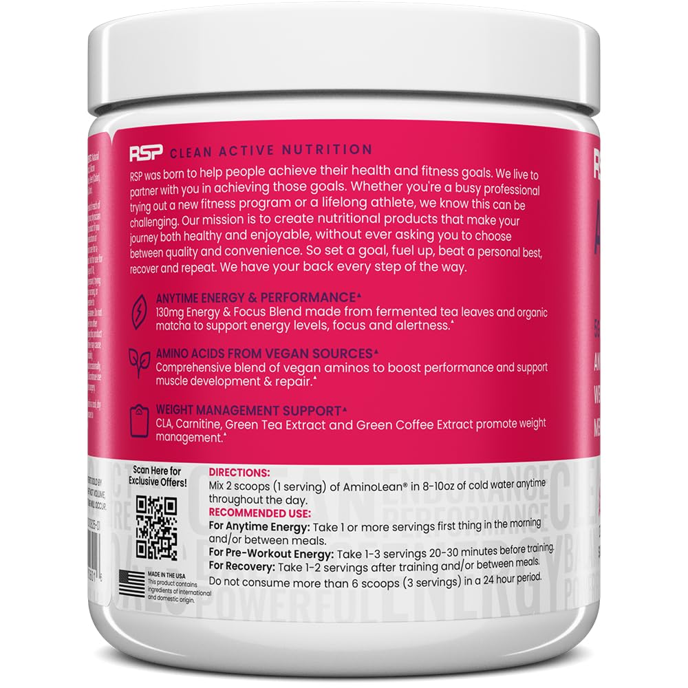 RSP NUTRITION AminoLean Pre Workout Powder, Amino Energy & Weight Management with Vegan BCAA Amino Acids, Natural Caffeine, Preworkout Boost for Men & Women, 30 Serv, Pink Lemonade… Nirvana Guru