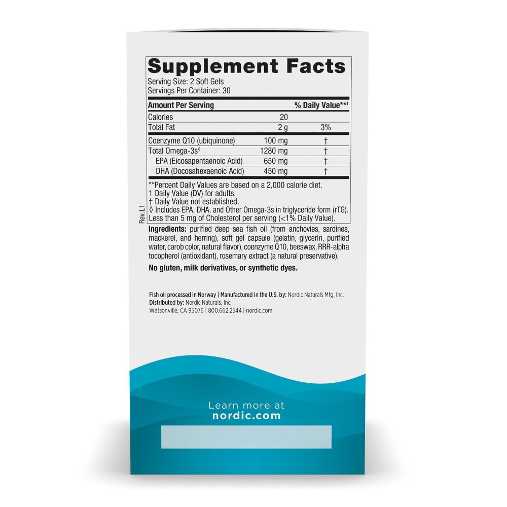 Nordic Naturals Ultimate Omega + CoQ10, Lemon - 120 Soft Gels - 1280 mg Omega-3 + 100 mg CoQ10 - Heart Health, Cellular Energy, Antioxidant Support - Non-GMO - 60 Servings - Nirvana Guru