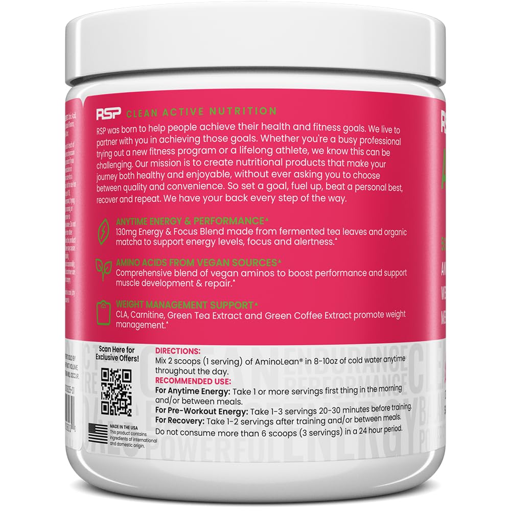 RSP NUTRITION AminoLean Pre Workout Powder, Amino Energy & Weight Management with Vegan BCAA Amino Acids, Natural Caffeine, Preworkout Boost for Men & Women, 30 Serv, Pink Lemonade… Nirvana Guru