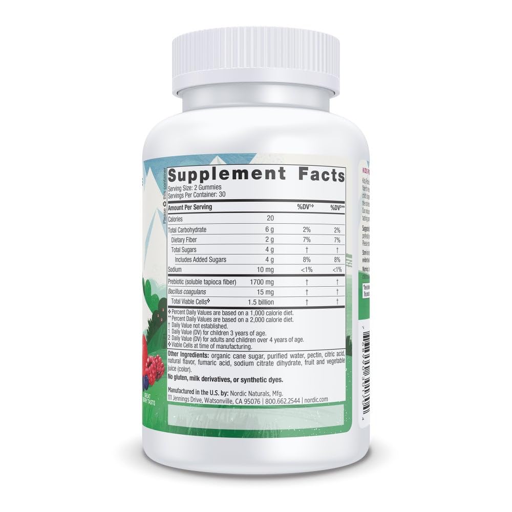 Nordic Naturals Kids Nordic Flora Probiotic Gummies, Merry Berry Punch - 60 Gummies - 1.5 Billion CFU & Prebiotic Fiber - Non-GMO, Vegan - 30 Servings - Nirvana Guru