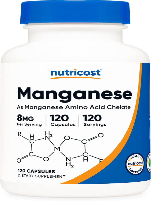 Nutricost Chelated Manganese Supplement 8mg, Amino Acid Chelate, 120 Capsules, 120 Servings - Gluten Free, Non-GMO and Vegetarian Friendly - Nirvana Guru
